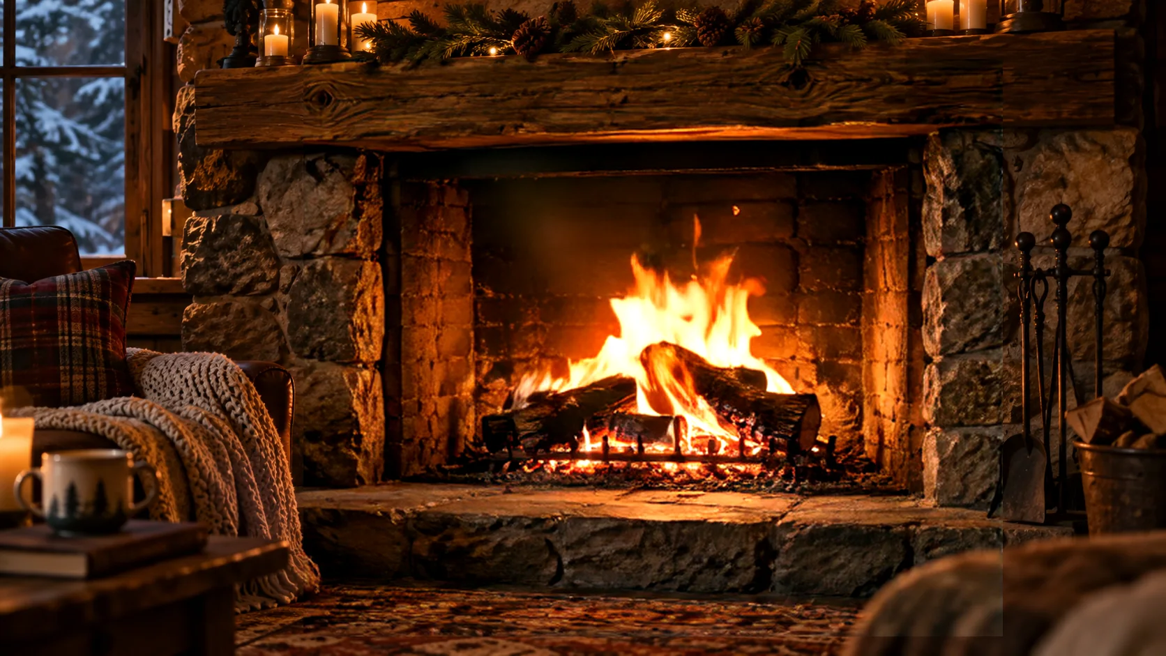 Generated flames composited into a photograph of a cabin living room, with snow outside the window