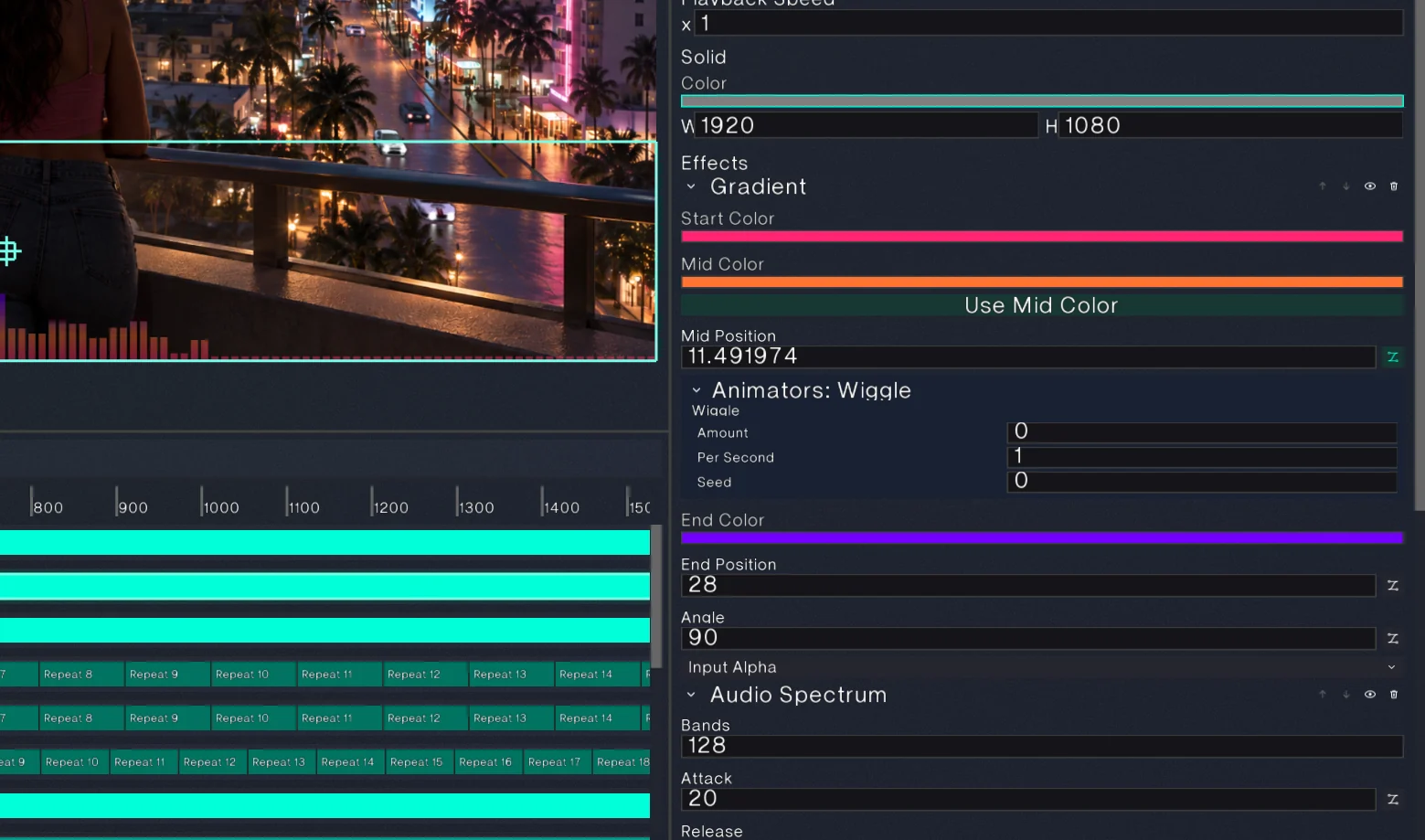 Detail of the Forge VFX timeline and the inspector with a gradient effect and a wiggle animator