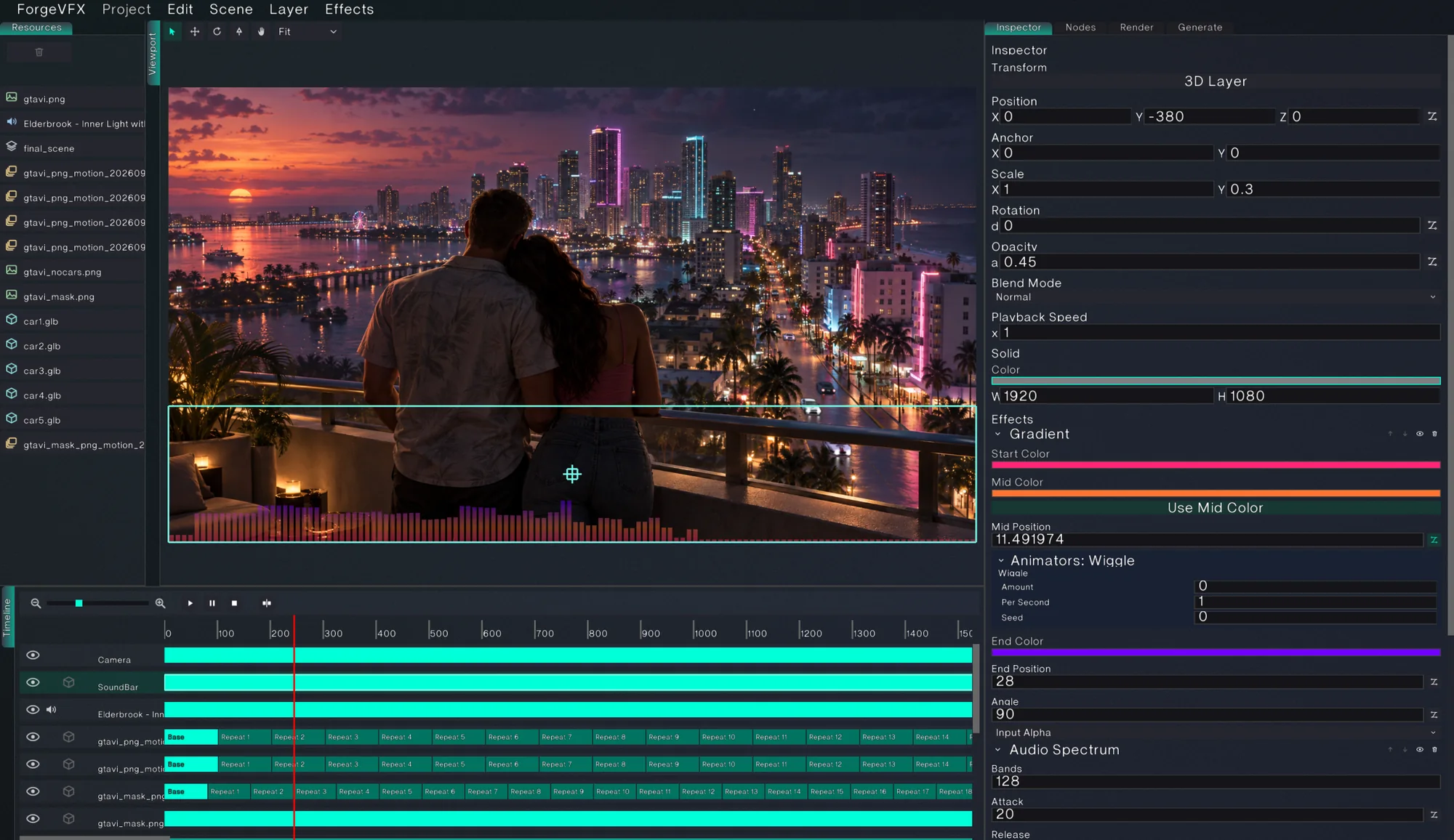 Forge VFX editor: a composited night city scene in the viewport, a multi-layer timeline, and the inspector with a gradient effect and animators